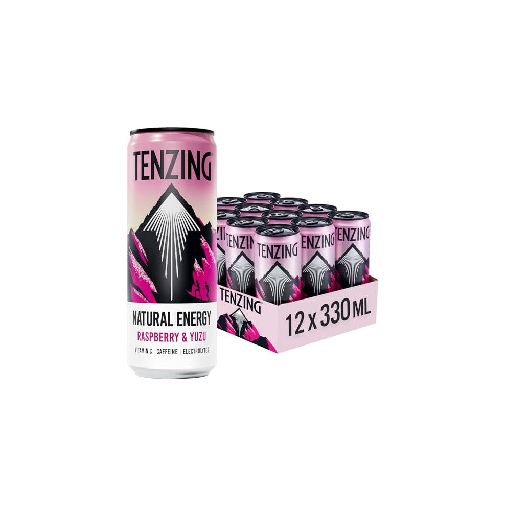 TENZING Natural Energy Drink, Plant Based, Vegan, & Gluten Free Drink, Raspberry & Yuzu, 330ml (Pack of 12) - Packaging may vary