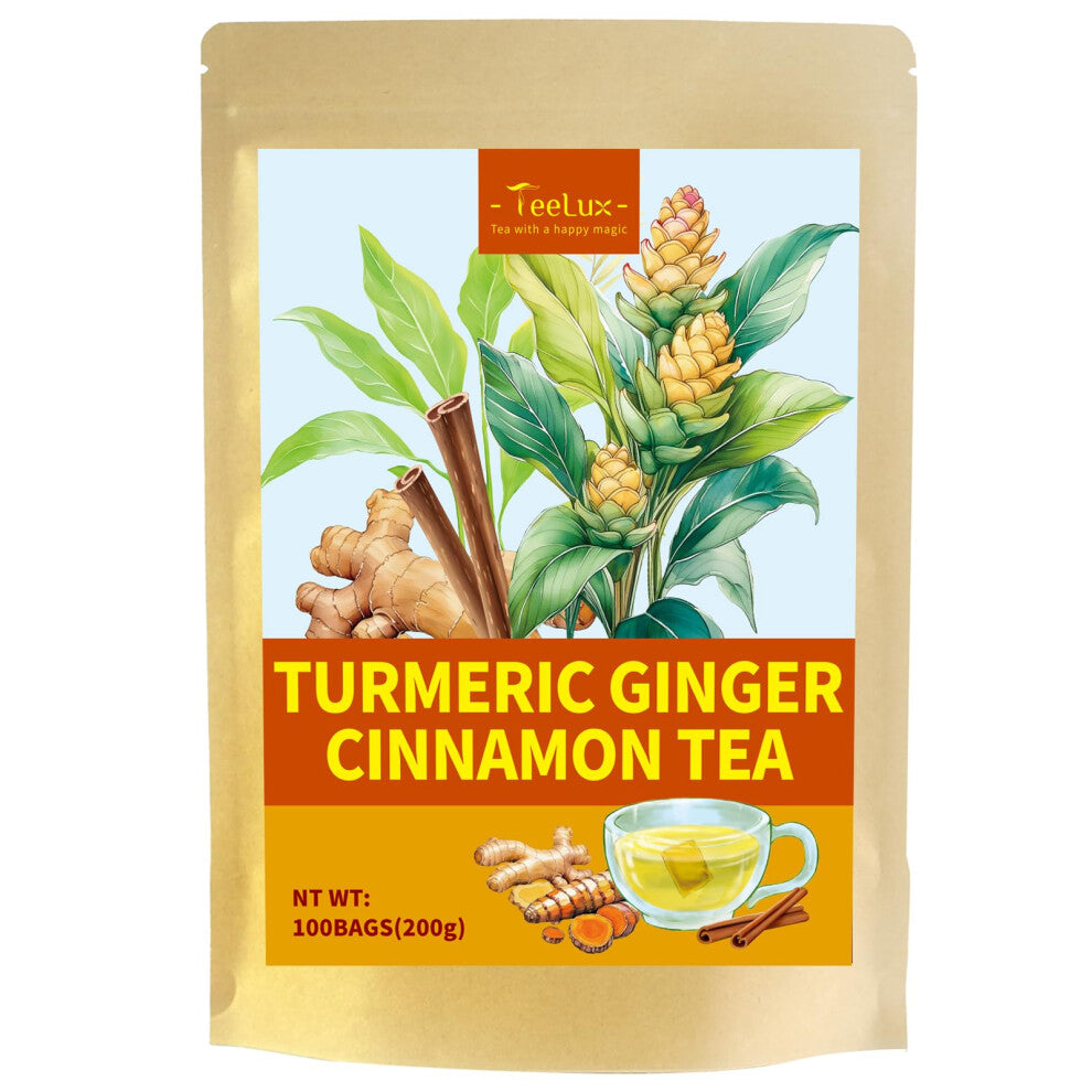 TeeLux Turmeric Ginger Cinnamon Tea Bags 100 Count, Vegan, Warm & Full-bodied, Caffeine Free Herbal Tea, Biodegradable Tea Bag