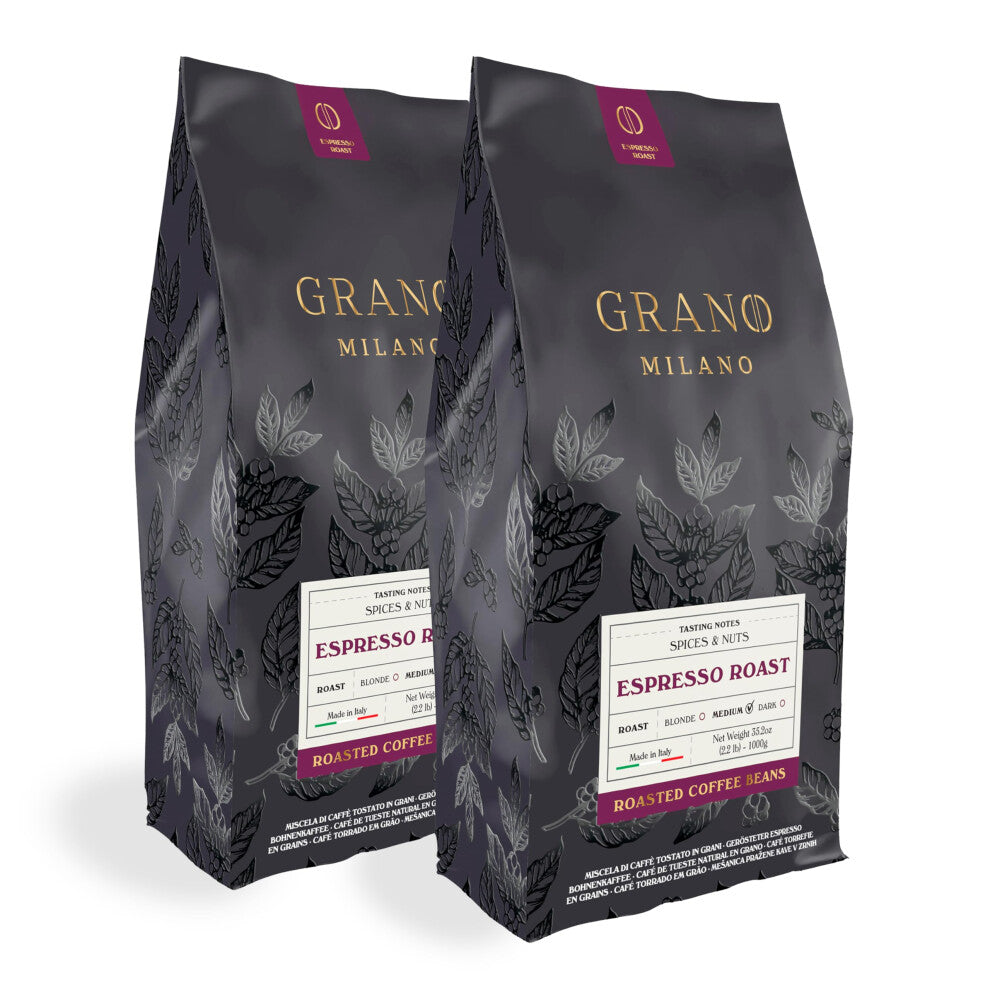 Grano Milano Coffee Beans 2kg (2 x 1kg Bags) Espresso Roast - 80% Robusta, Medium Roast Intensity 4-5 Strong Coffee, Made in Italy