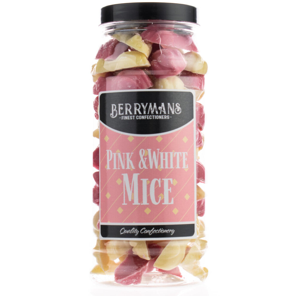 Original Pink and White Mice Strawberry & Cream Retro Sweets Gift Jar by Berrymans Sweet Shop - Classic Sweets, Traditional Taste.
