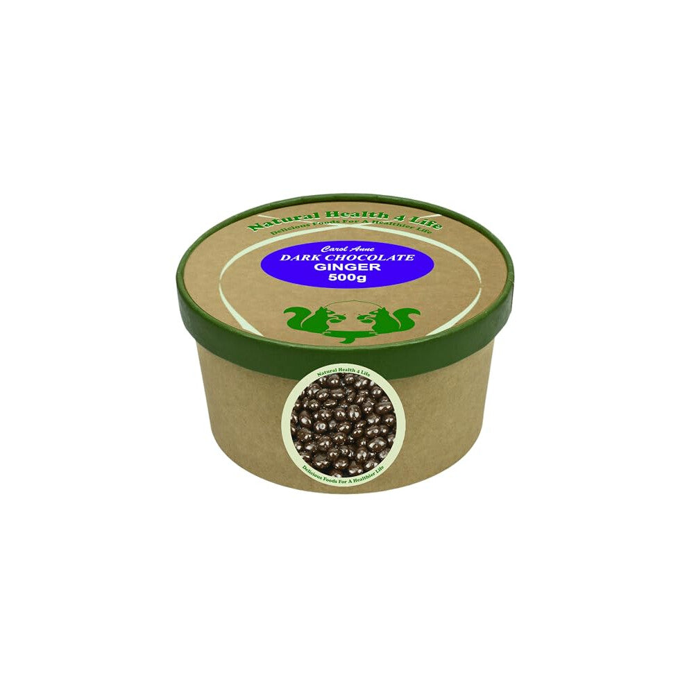 Natural Health 4 Life Carol Anne Confectionery Dark Chocolate Ginger 500 g in Recyclable Kraft Tub and sealed with kraft paper(1 Tub)