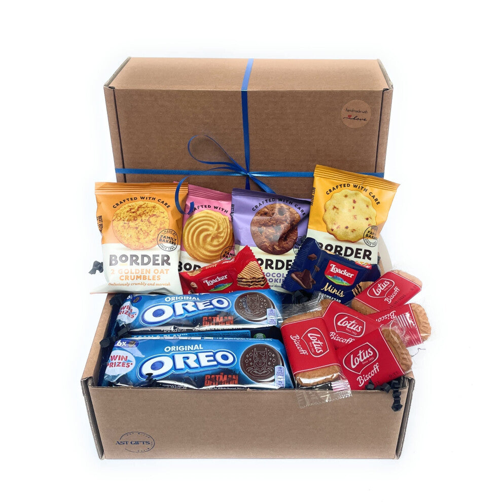AST GIFTS Hamper Treat Box has 4 Packs of Border Biscuits, Lotus Biscoff Biscuits, Oreos and wafers. an Ideal Afternoon Tea Gift Basket of Munchies