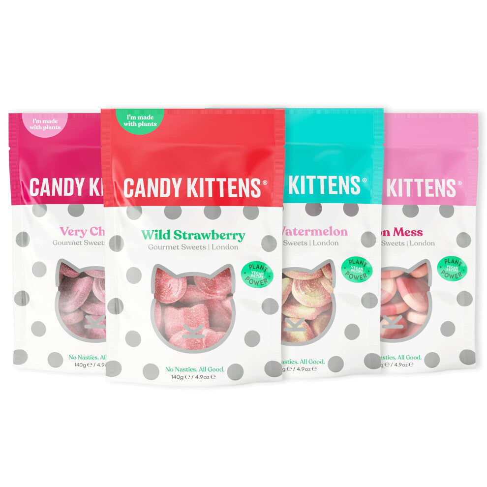 Candy Kittens Vegan Sweets THE OG Selection (4 x 140g), Vegan Chewy Sweets Bundle - Four Packs - Wild Strawberry, Sour Watermelon, Eton Mess & Very