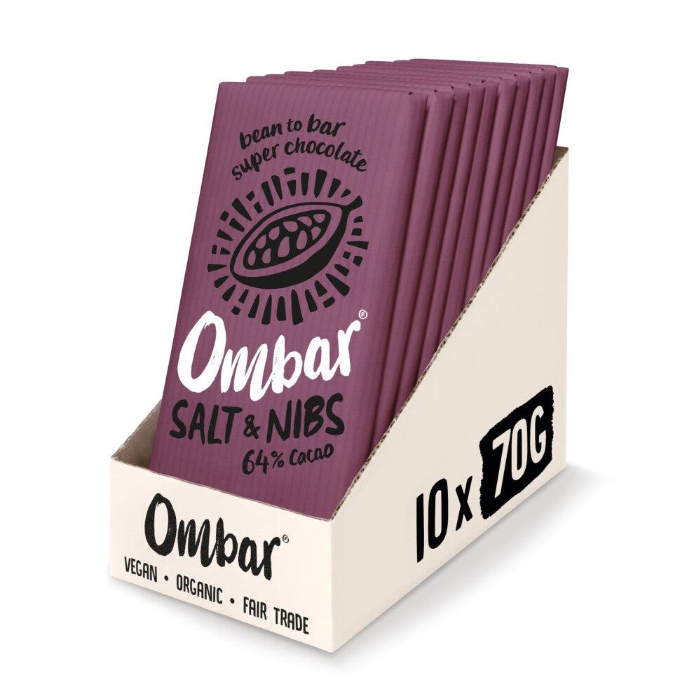Vegan Chocolate - Ombar Salt & Nibs 64% Chocolate (70g x 10 Bars) Organic Fair Trade, Dairy and Gluten Free Chocolate