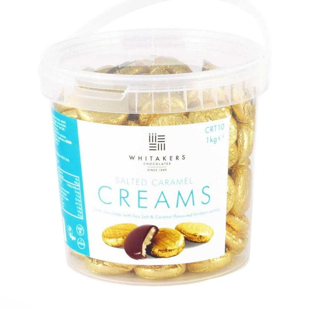 Whitakers Dark Chocolate Creams - Gold Foiled Fondant Cremes Plastic Tub (Salted Caramel, 1kg)