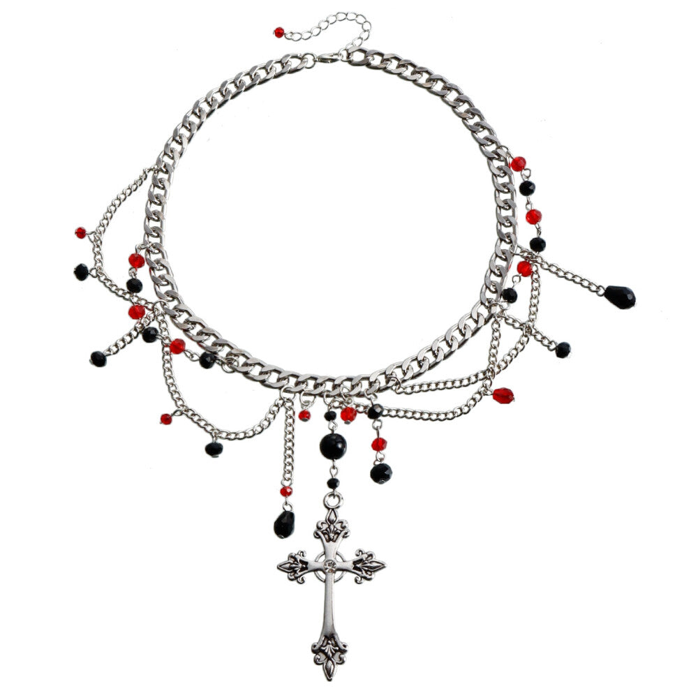 (Steel color B) A niche design double-layer high-gloss pearl tassel cross star necklace