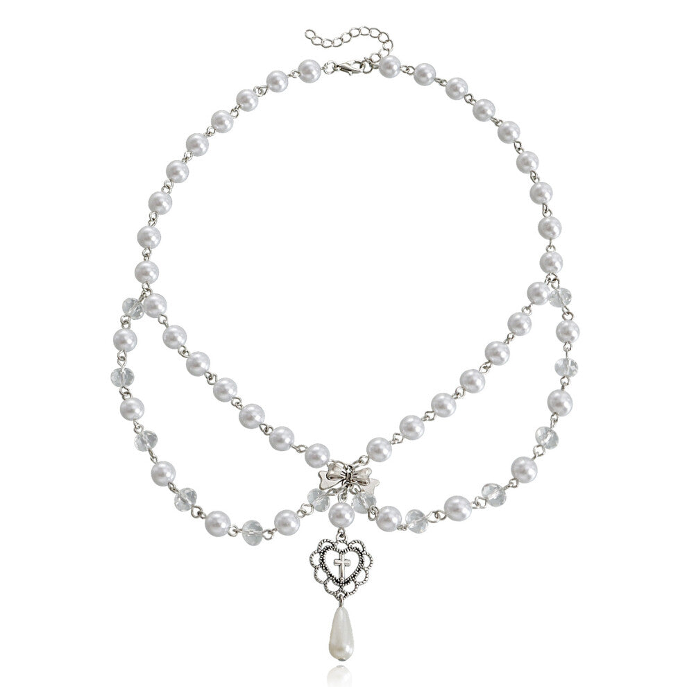 (Steel color C) A niche design double-layer high-gloss pearl tassel cross star necklace