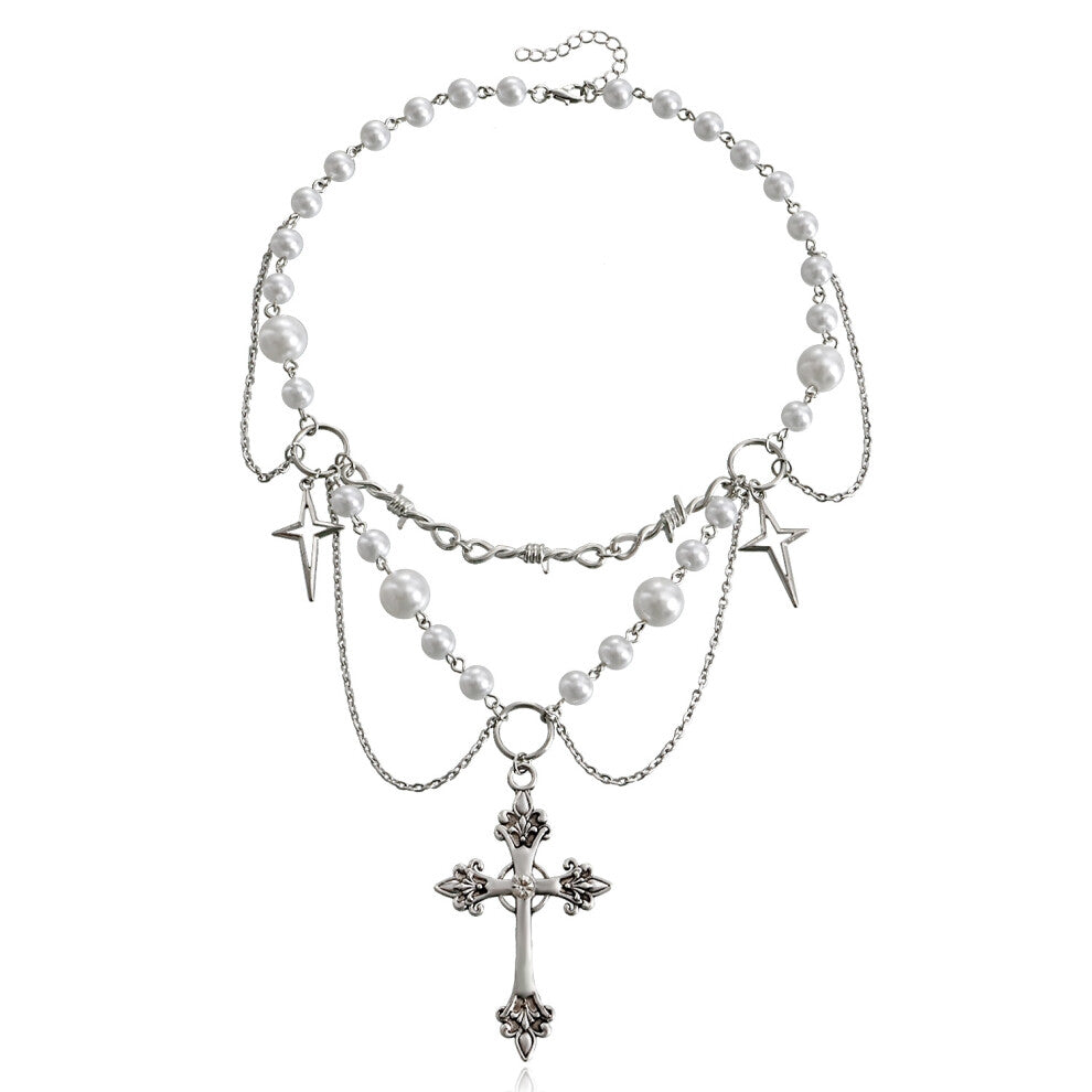 (Steel color G) A niche design double-layer high-gloss pearl tassel cross star necklace