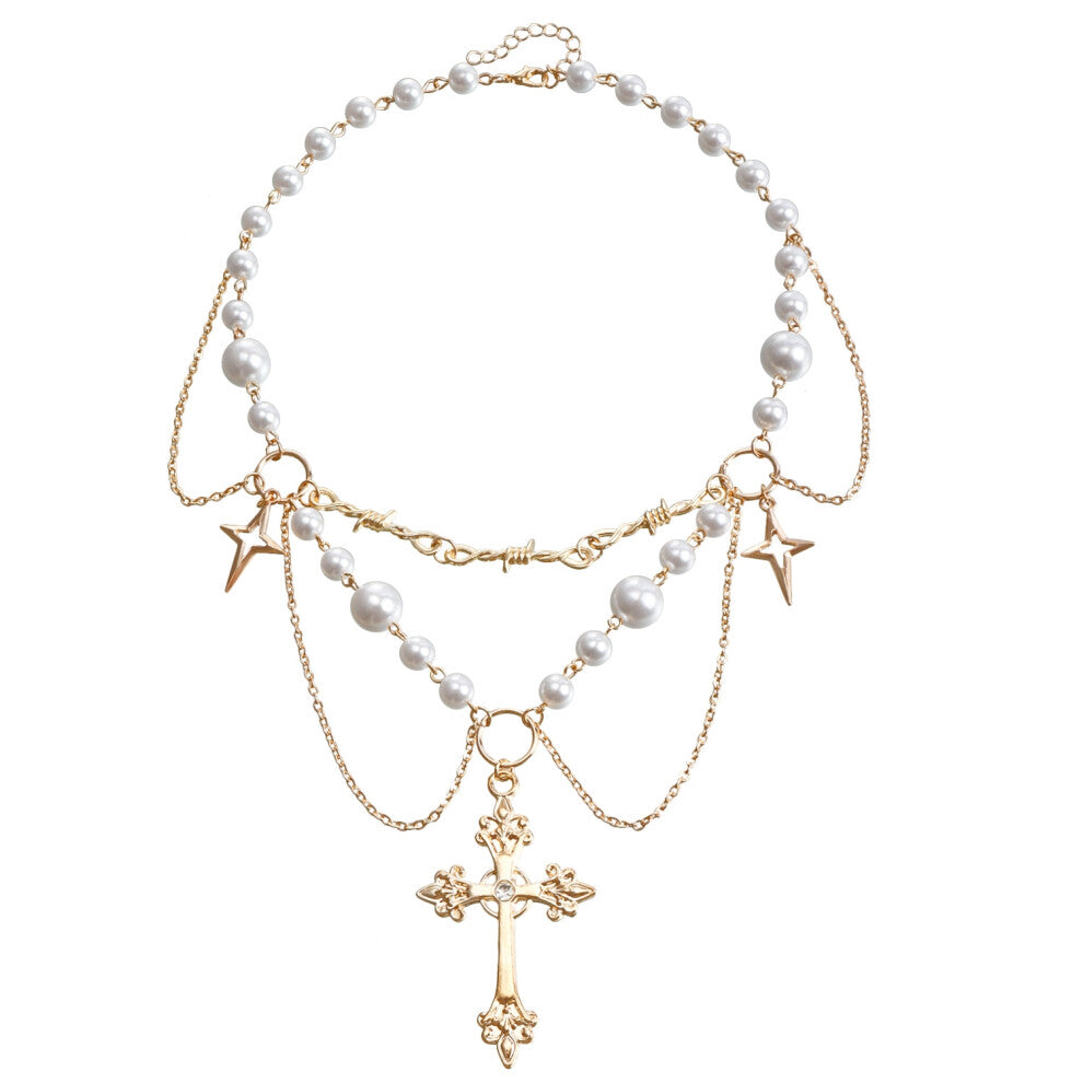 (Golden A) A niche design double-layer high-gloss pearl tassel cross star necklace