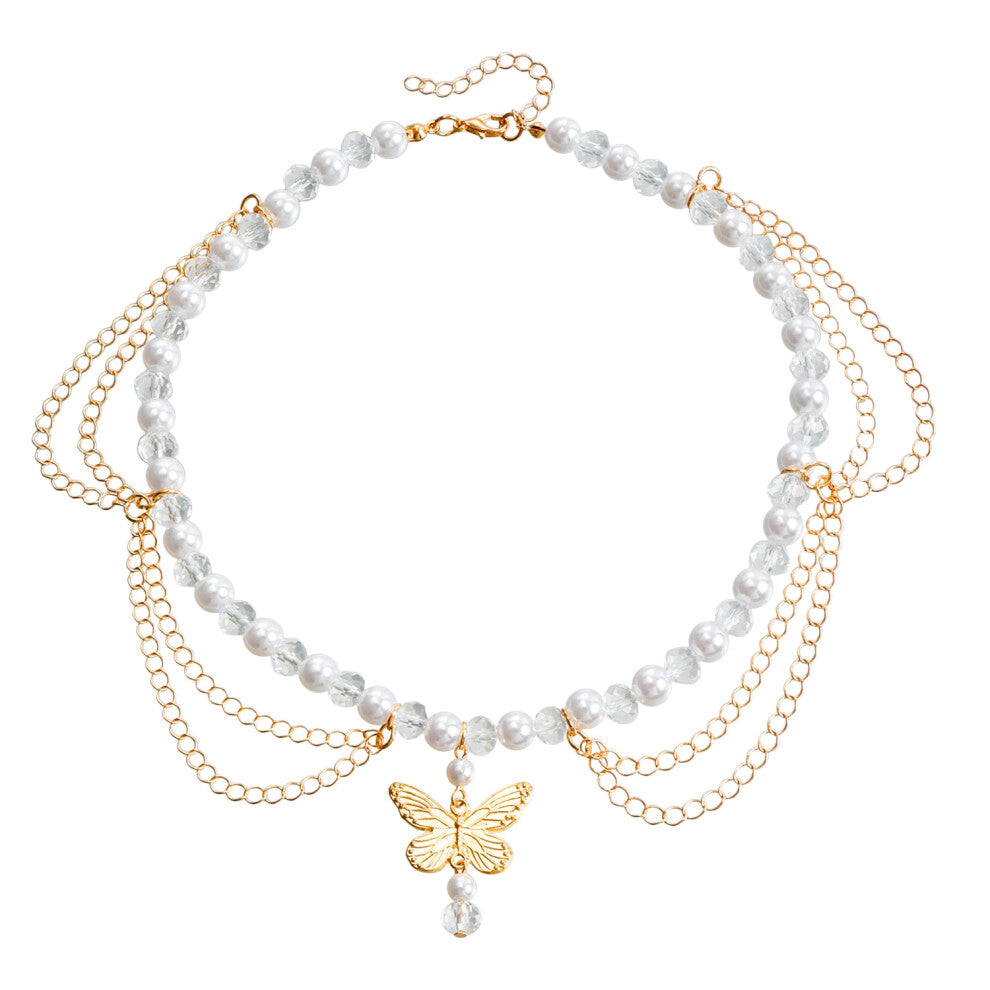 (Golden B) A niche design double-layer high-gloss pearl tassel cross star necklace