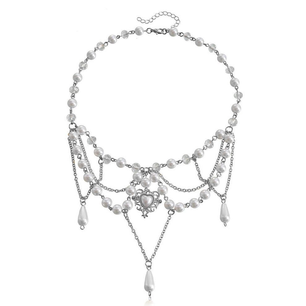 (Steel color I) A niche design double-layer high-gloss pearl tassel cross star necklace