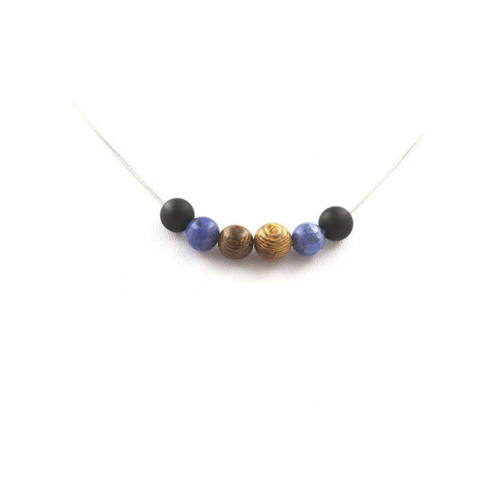 Stones and Minerals. Sodalite pearl necklace + matte black Onyx + wood 8 mm Stainless steel chain.