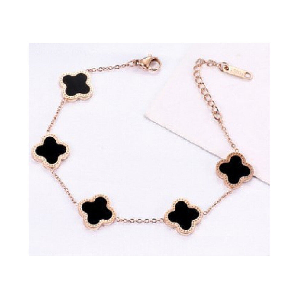 (Rose gold black single-sided bracelet) Titanium steel 18k rose gold four-leaf clover necklace, women often wear double-sided black agate collarbone c