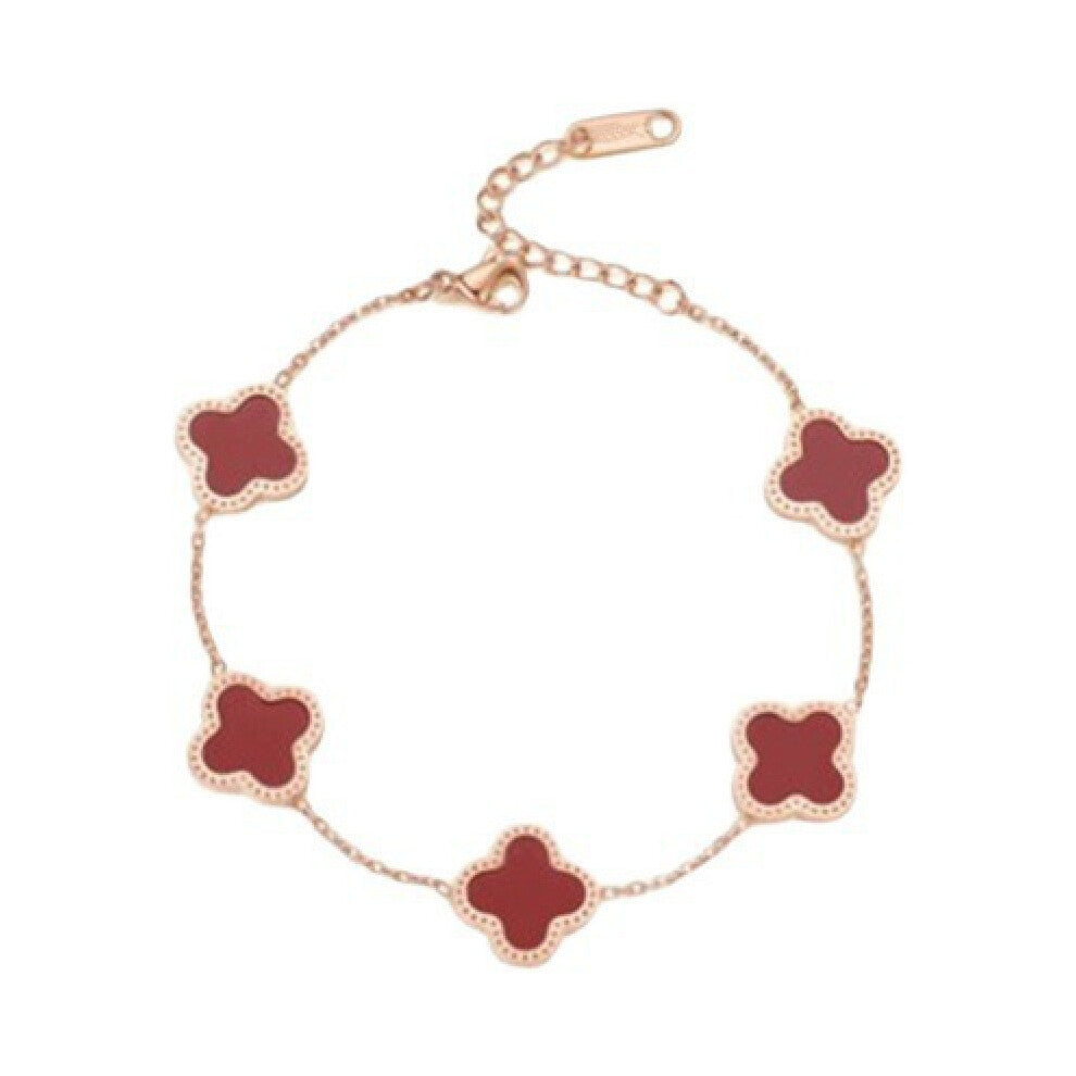 (Rose gold red single-sided bracelet) Titanium steel 18k rose gold four-leaf clover necklace, women often wear double-sided black agate collarbone cha