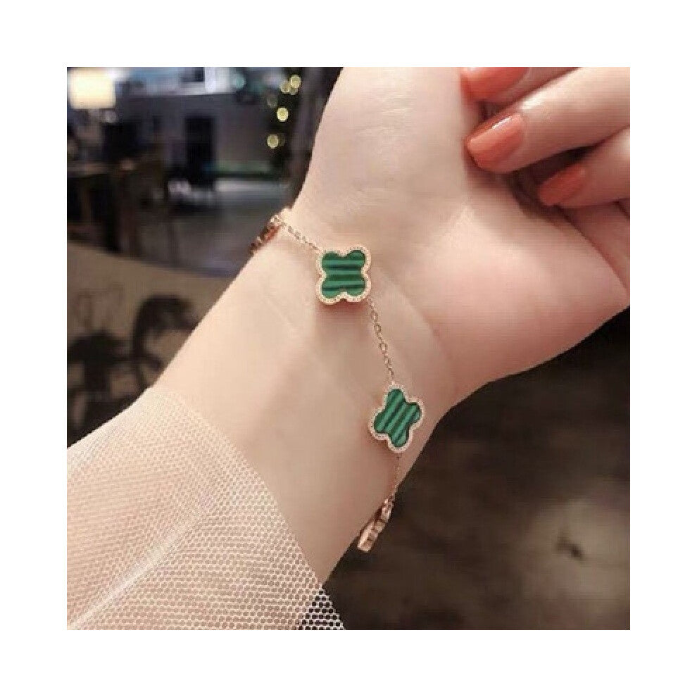 (Rose gold green double-sided bracelet) Titanium steel 18k rose gold four-leaf clover necklace, women often wear double-sided black agate collarbone c