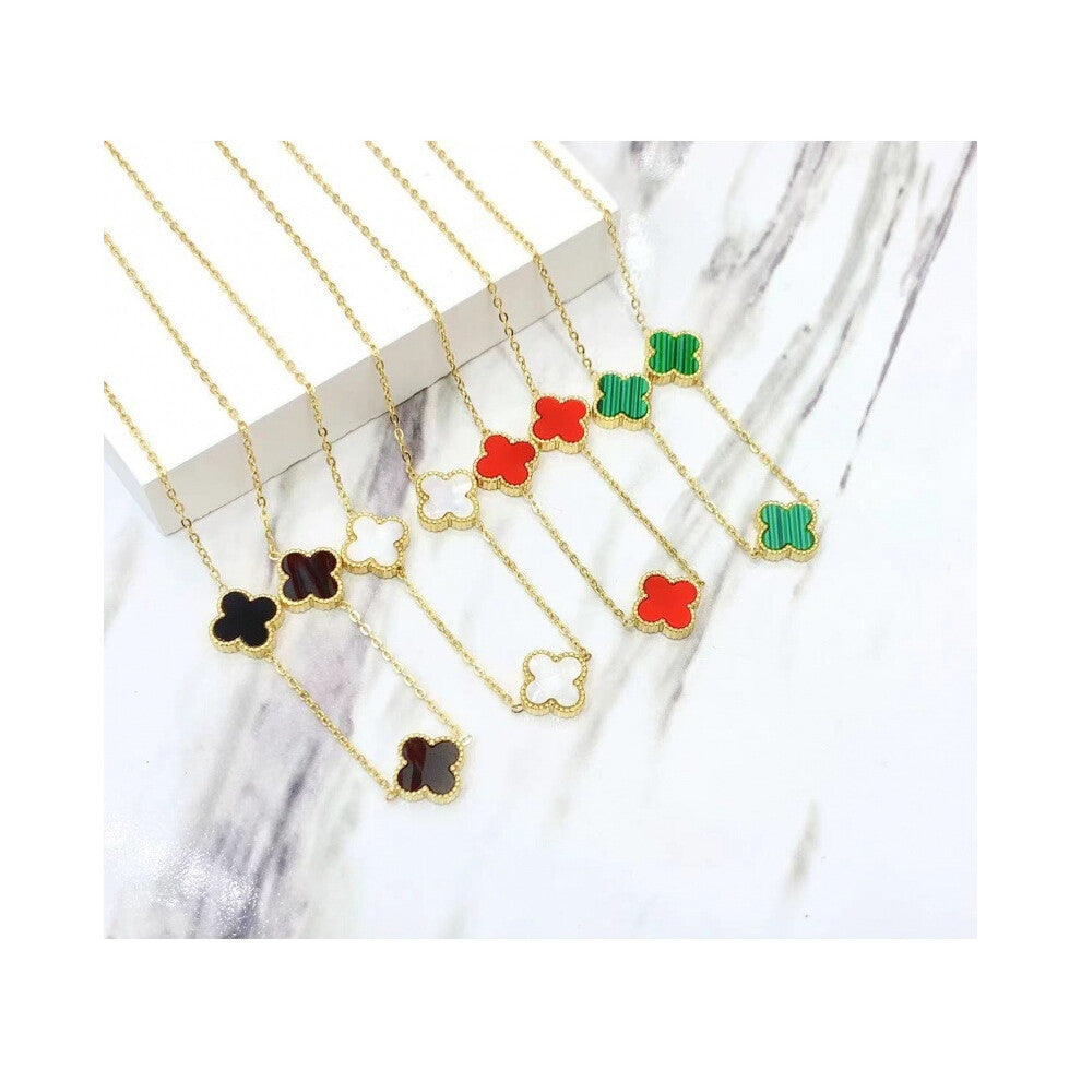 (Pink) Korean trendy golden four-leaf clover double-sided necklace women's collarbone chain accessory