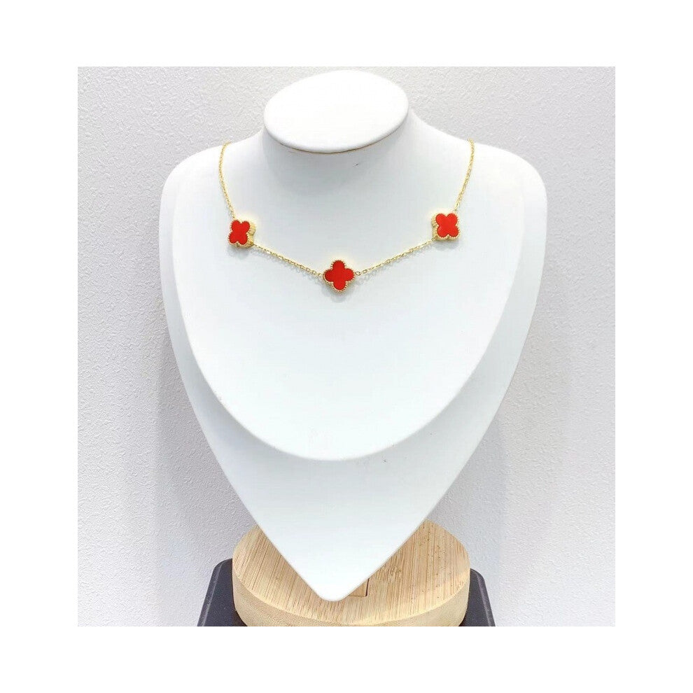 (red) Korean trendy golden four-leaf clover double-sided necklace women's collarbone chain accessory
