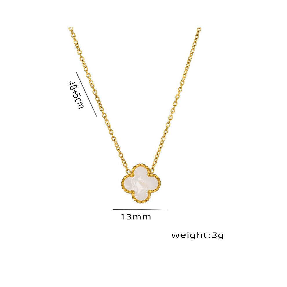 (A single-sided white shell necklace in gold) Lucky titanium steel 18K collarbone chain necklace, four-leaf clover single flower double-sided mother-o
