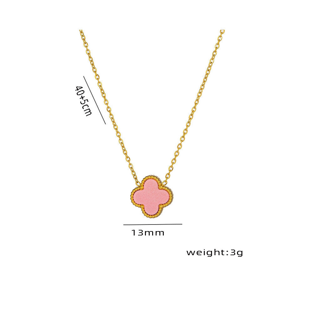 (Pink pearl single-sided necklace in gold) Lucky titanium steel 18K collarbone chain necklace, four-leaf clover single flower double-sided mother-of-p