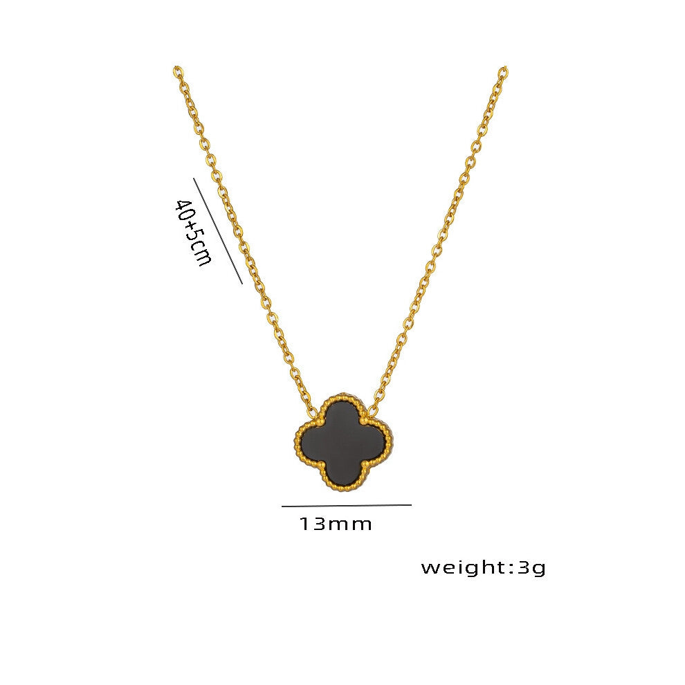 (Black shell single-sided necklace in gold) Lucky titanium steel 18K collarbone chain necklace, four-leaf clover single flower double-sided mother-of-