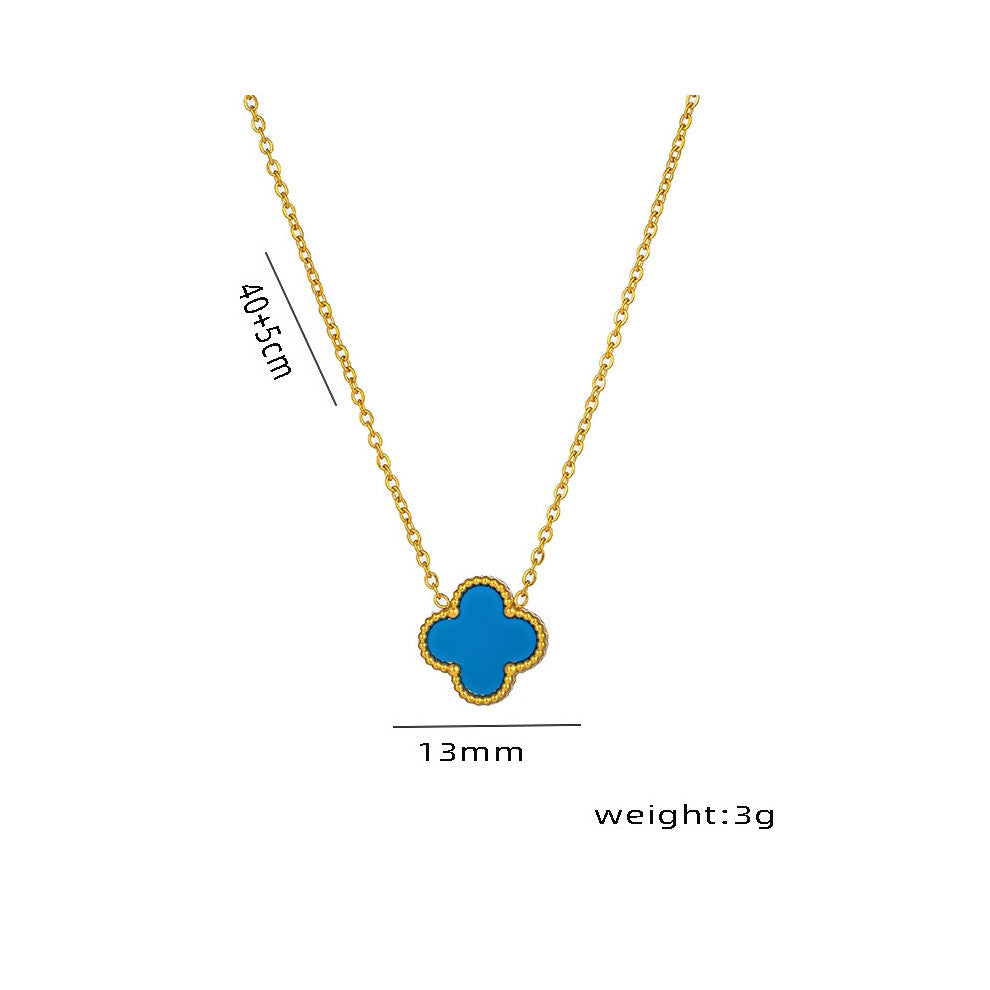 (A single-sided blue pearl necklace in gold) Lucky titanium steel 18K collarbone chain necklace, four-leaf clover single flower double-sided mother-of