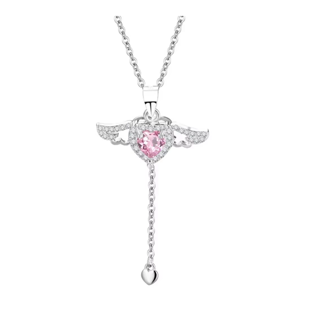 (pink) 925 Sterling Silver Heart Angel Wings Pendant Choker Necklaces For Women Aesthetic Jewelry Accessories Money Jewellery