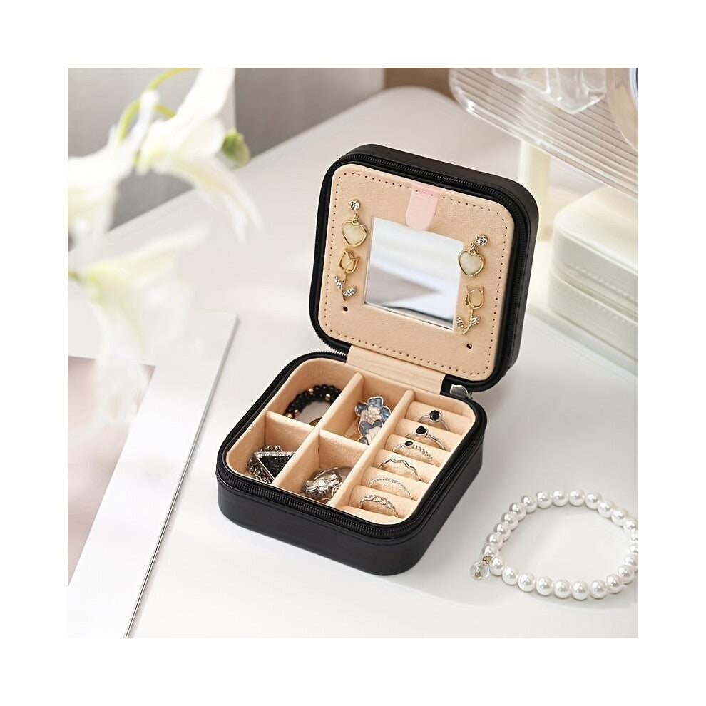 (Black) Korean-Style Portable Jewelry Box with Zipper Closure - Multi-Compartment Organizer for Earrings, Rings, and Cufflinks