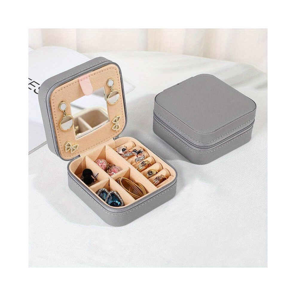 (grey) Korean-Style Portable Jewelry Box with Zipper Closure - Multi-Compartment Organizer for Earrings, Rings, and Cufflinks