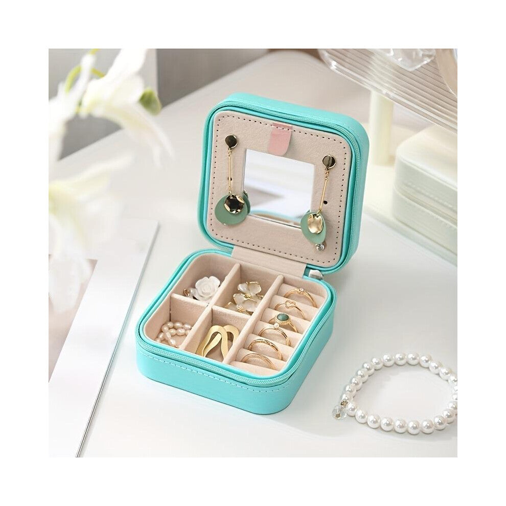 (Light Green) Korean-Style Portable Jewelry Box with Zipper Closure - Multi-Compartment Organizer for Earrings, Rings, and Cufflinks