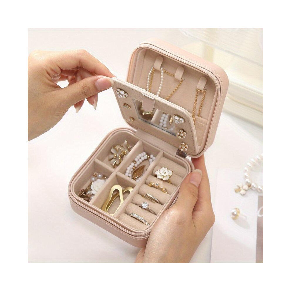 (Pink) Korean-Style Portable Jewelry Box with Zipper Closure - Multi-Compartment Organizer for Earrings, Rings, and Cufflinks
