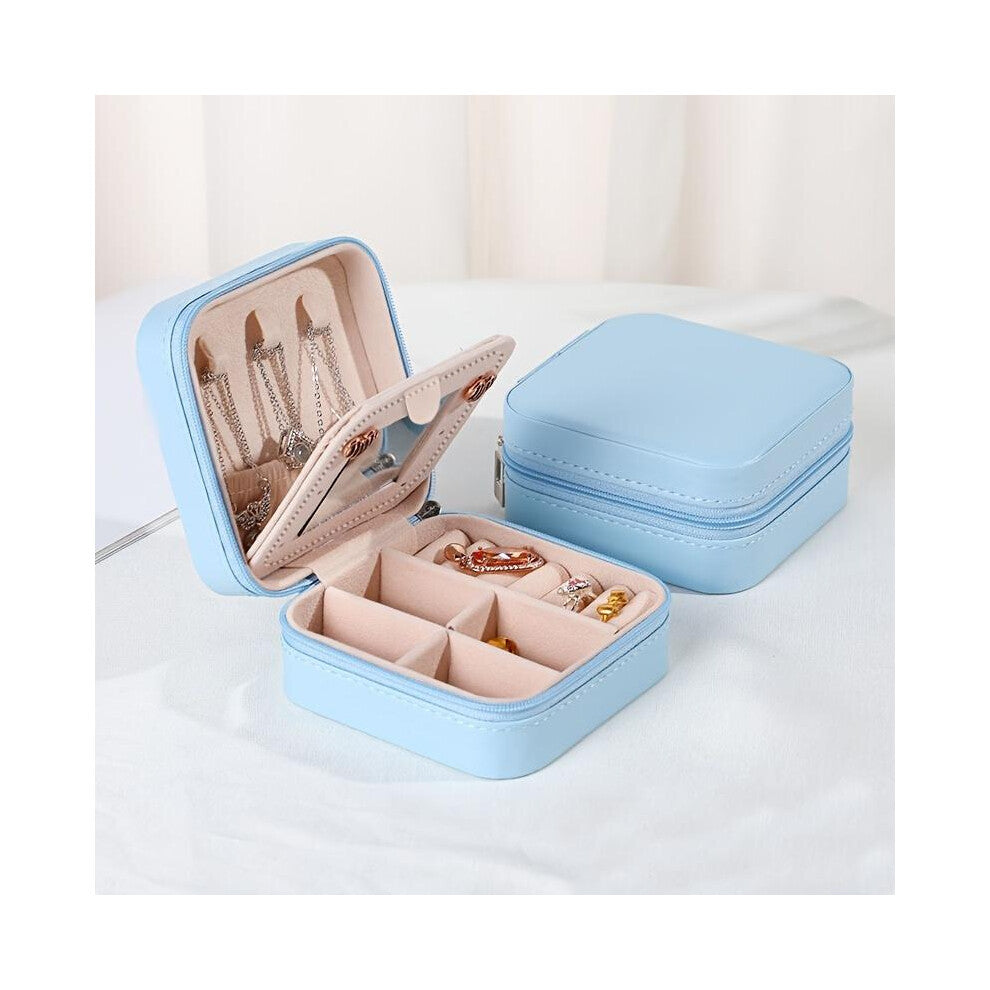 (Sky Blue) Korean-Style Portable Jewelry Box with Zipper Closure - Multi-Compartment Organizer for Earrings, Rings, and Cufflinks