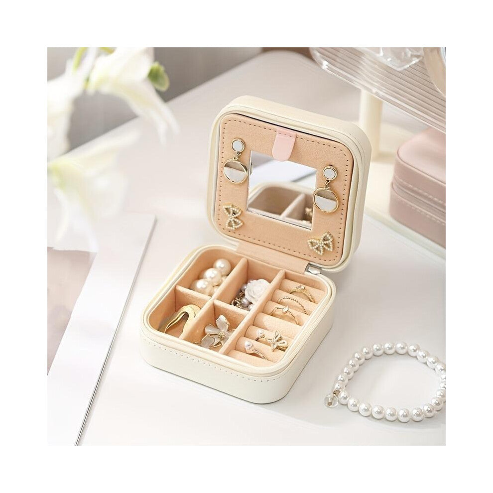 (White) Korean-Style Portable Jewelry Box with Zipper Closure - Multi-Compartment Organizer for Earrings, Rings, and Cufflinks