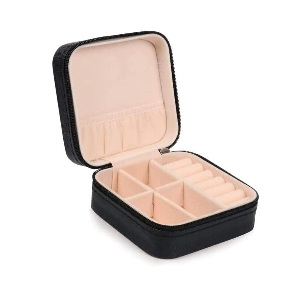 (Black) Red & Black - Small Faux Leather Travel Jewellery Box Organizer Display Storage Case for Rings Earrings Necklace with Mirror,Teenage Girls Gif