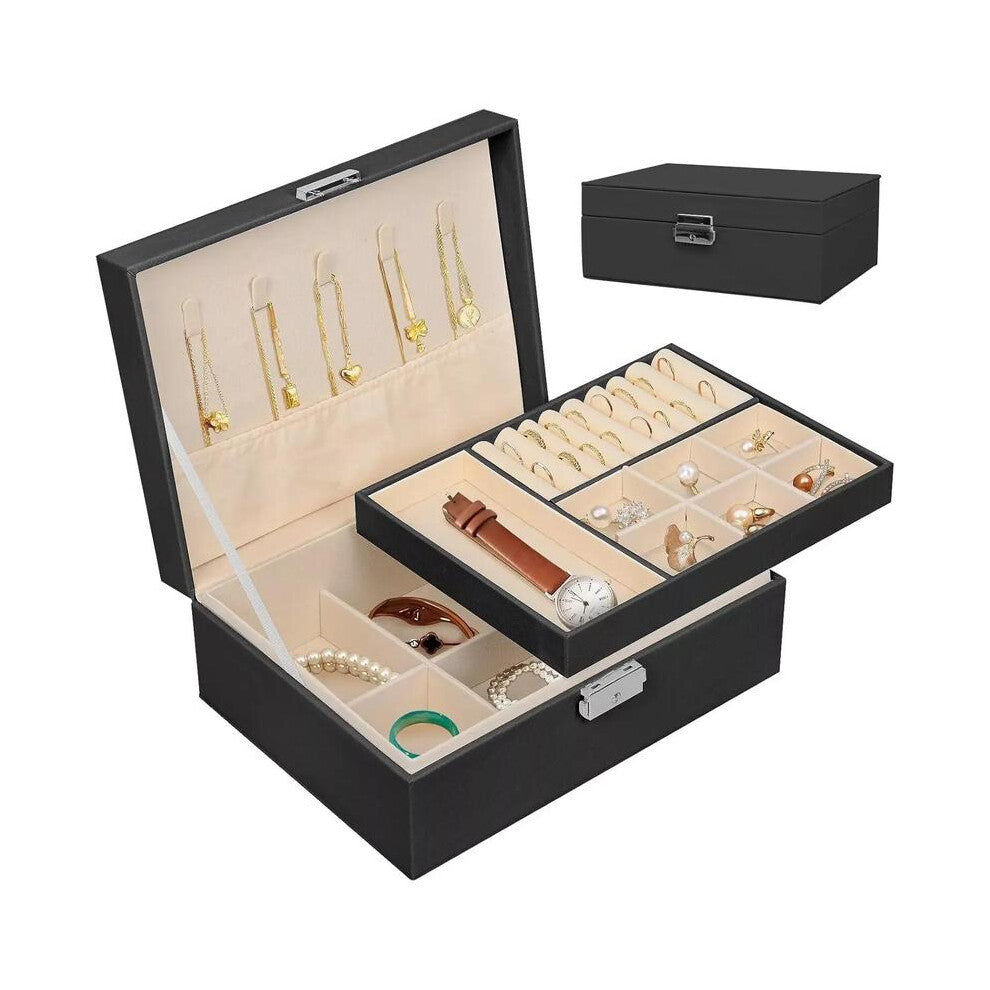 (Black) 2 Tier Black Jewellery Box Organizer Rings Necklaces Jewellry Storage Case Box ！ jewelry Metal Compartment jewellery  boxes~