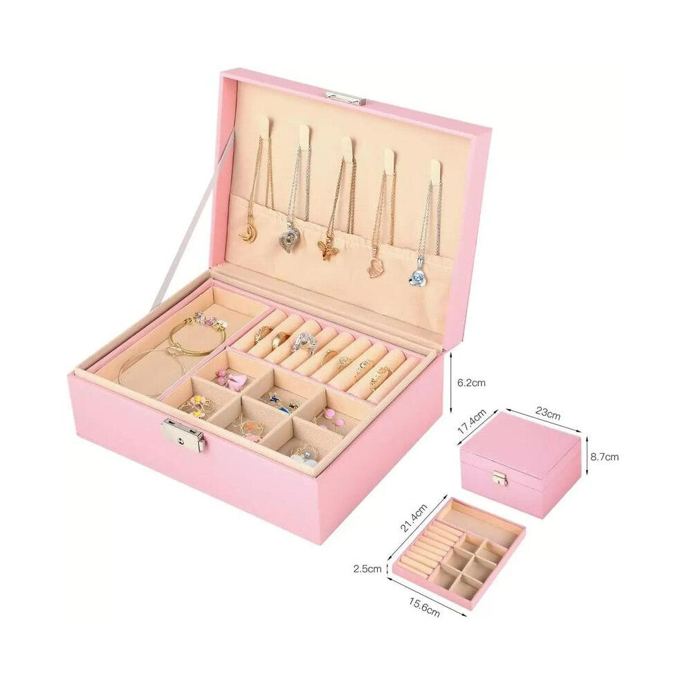 (Pink) 2 Tier Black Jewellery Box Organizer Rings Necklaces Jewellry Storage Case Box ！ jewelry Metal Compartment jewellery  boxes~