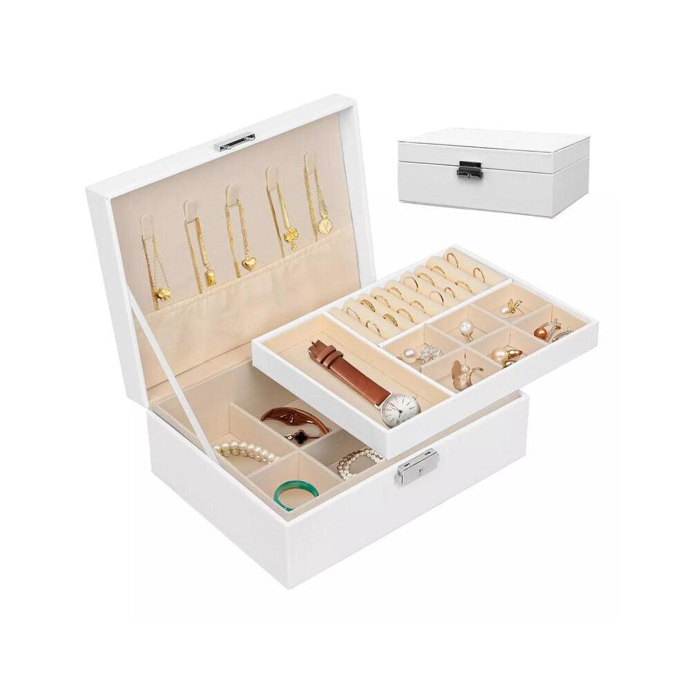 (White) 2 Tier Black Jewellery Box Organizer Rings Necklaces Jewellry Storage Case Box ！ jewelry Metal Compartment jewellery  boxes~