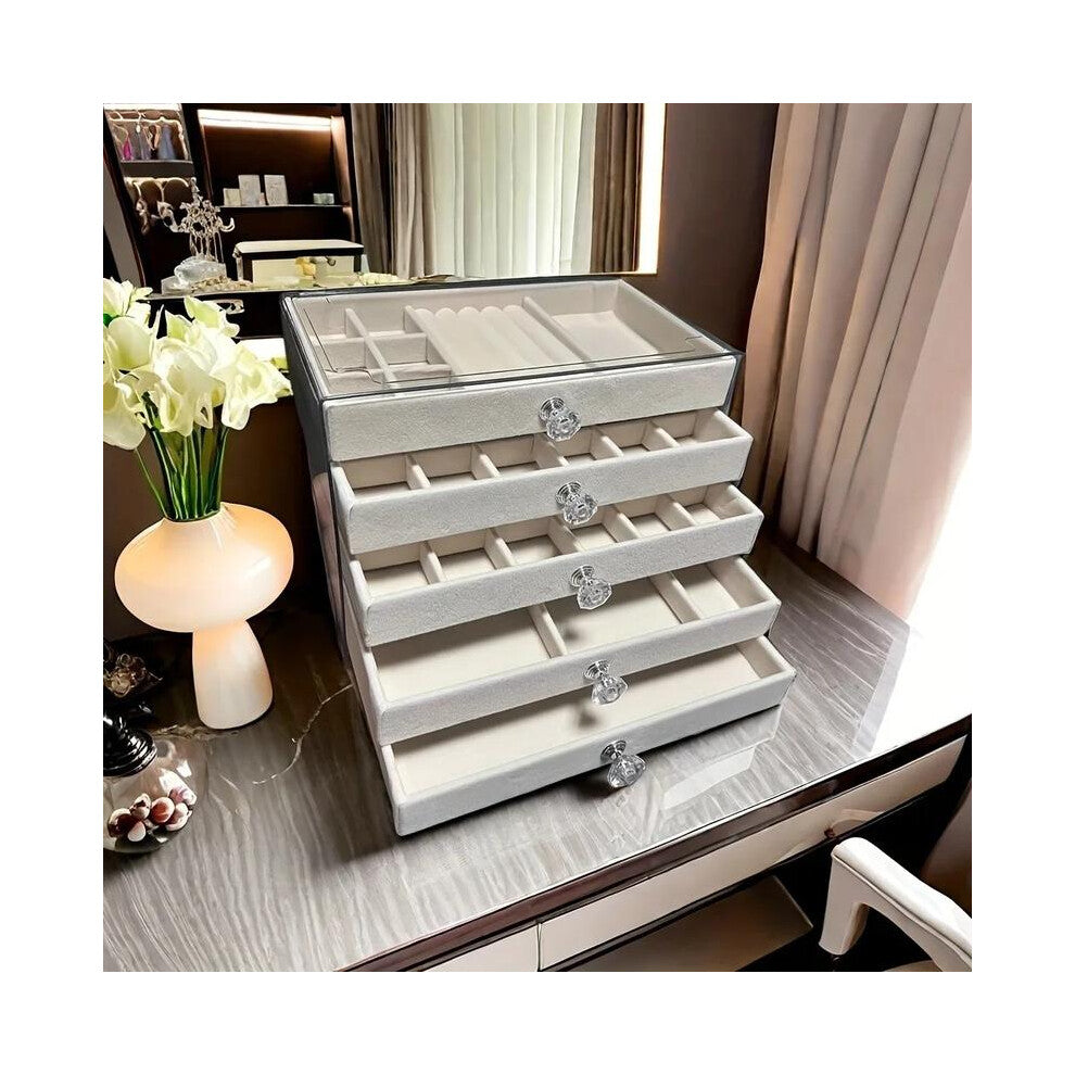 (5-layer-gray-DDD) 5 Layer Velvet Jewellery Box & Organiser | Large Capacity Earring, Necklace & Bracelet Display Drawers | Tangle-Free Storage & UK S