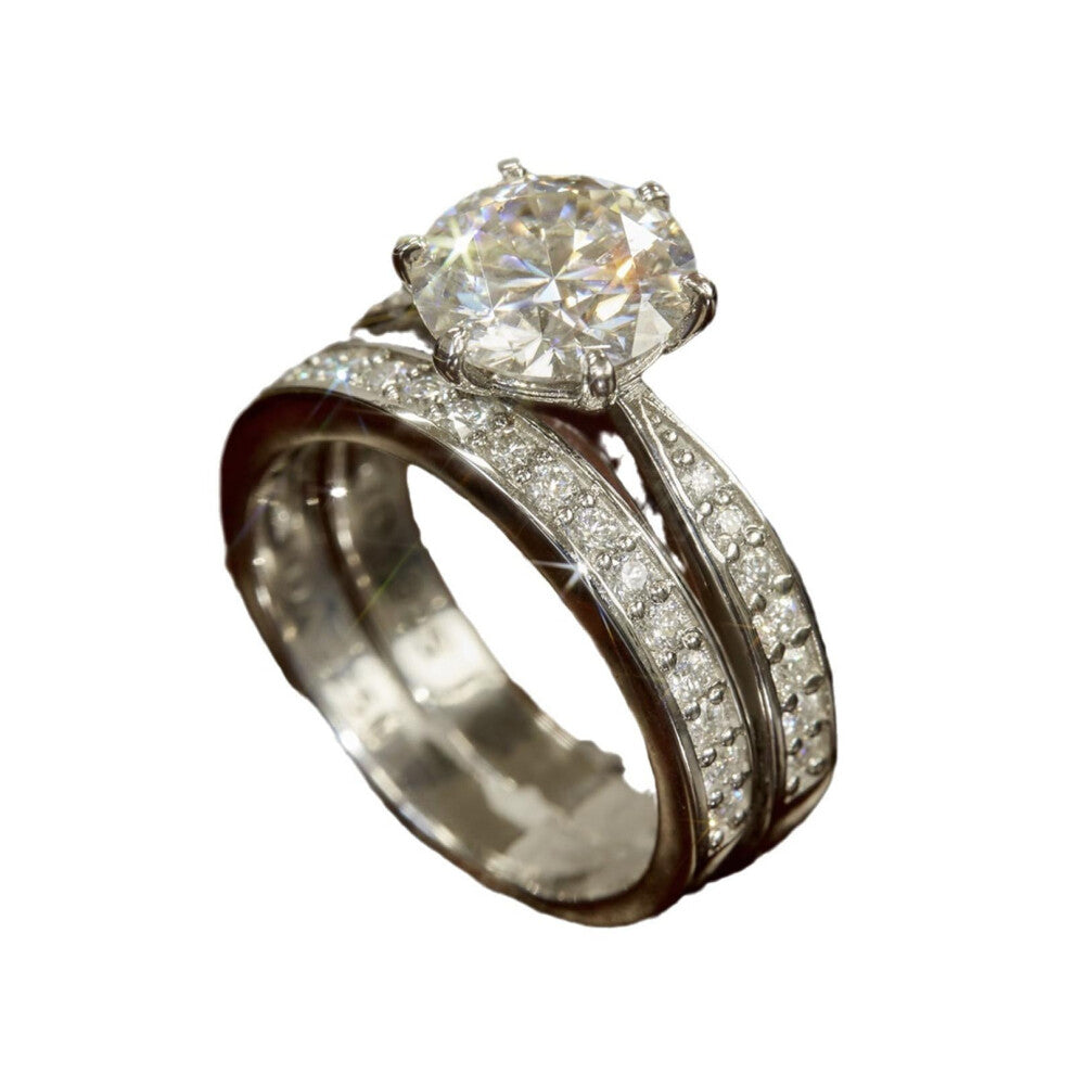 Rhodium Plated Heart Shaped Wedding Band Set, Silver Zinc Alloy Engagement Rings, Size 7 for Bride, Anniversary, Promise