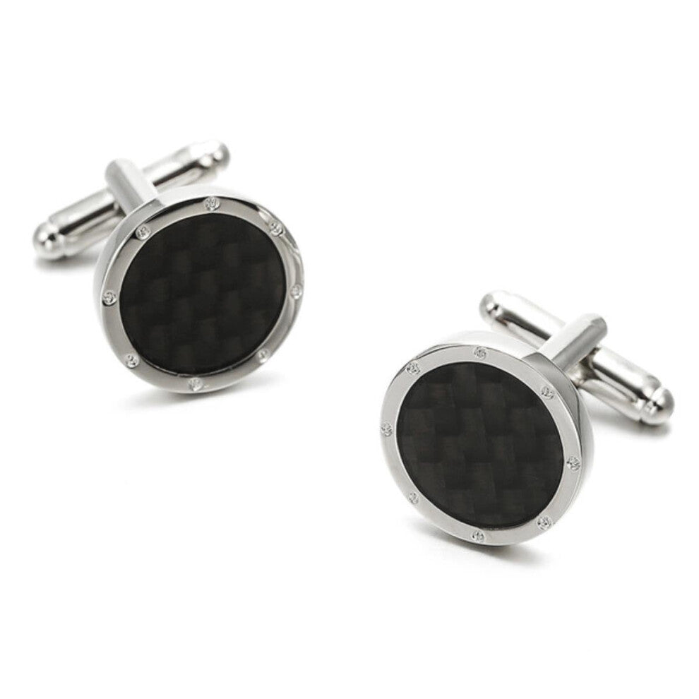 Men's Cufflinks, Round Silver French Carbon Fiber, Casual Formal Dress Shirt Accessories for Business Weddings