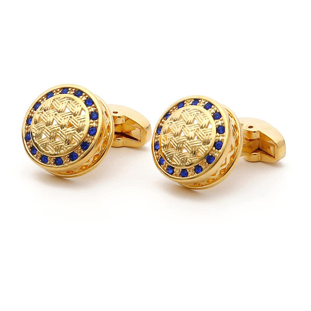 Cufflinks for Men's Shirts, Lightweight, Luxurious, Round French Style with Embedded Blue Crystal, Gold Finish