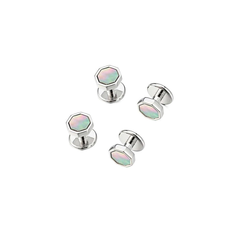 Mother-of-Pearl Cufflinks for Men's Suits, 17x17mm Antique Silver Plated, 4-Piece Set for Occasions and Everyday Clothing
