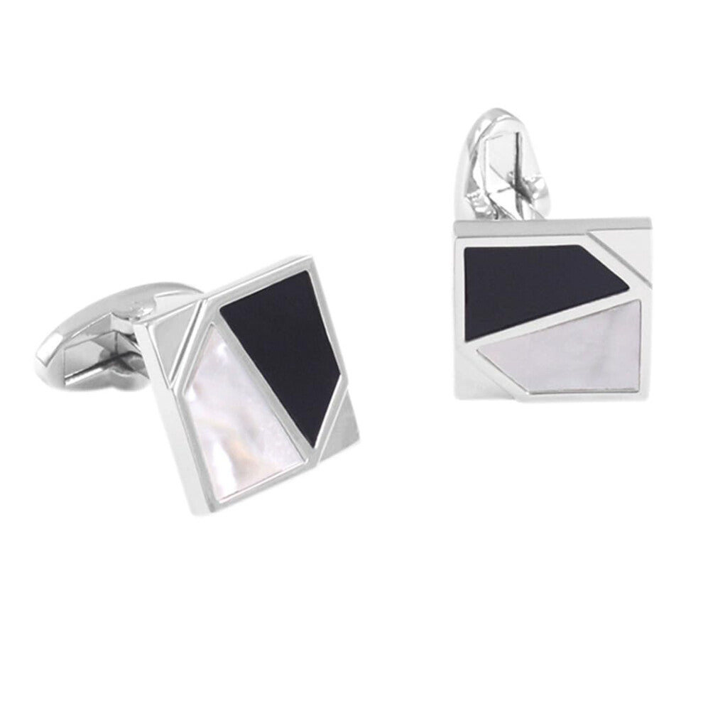 Men's Business Shirt Cufflinks in Black and White Agate with Shell for Weddings and Formal Occasions