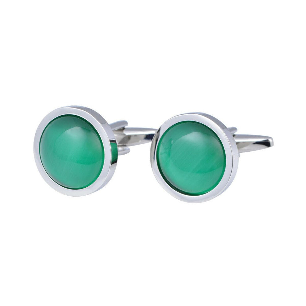 Round Opal Cufflinks for Men and Women, Elegant Banquet Dress Shirt Accessories, Silver Plated, Classic Style