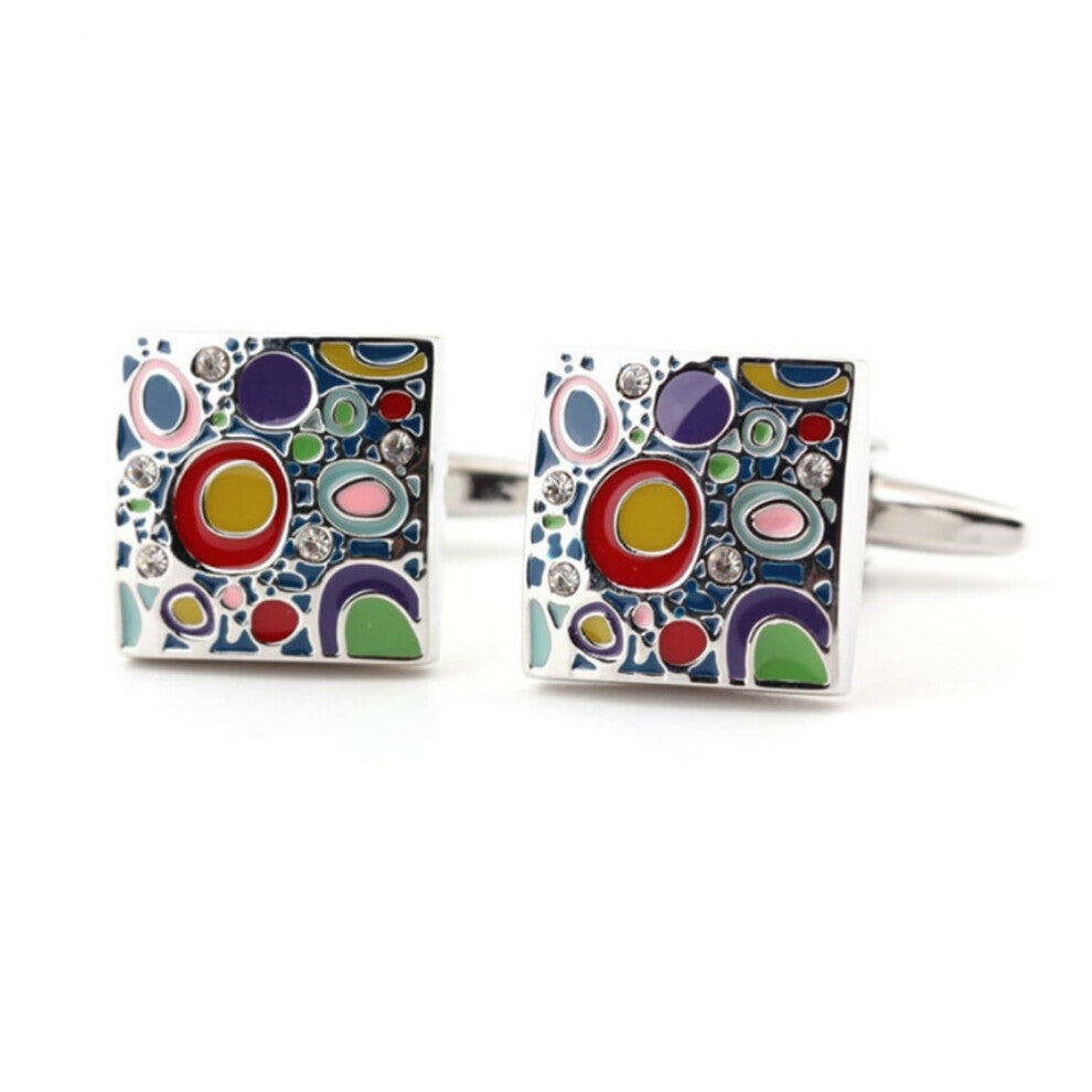 Lapel Pin Men's Suit Cufflinks Multicoloured Enamel with White Crystals, Novelty Cuff Links for Dress Shirts