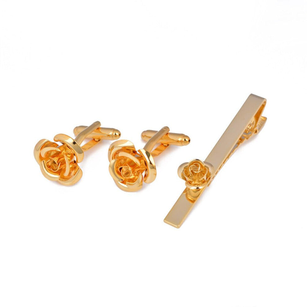 Rose Flower Cufflinks and Tie Clip Set for Men, Gold Tie Bar and Cufflinks for Wedding, Anniversary, Birthday Gifts
