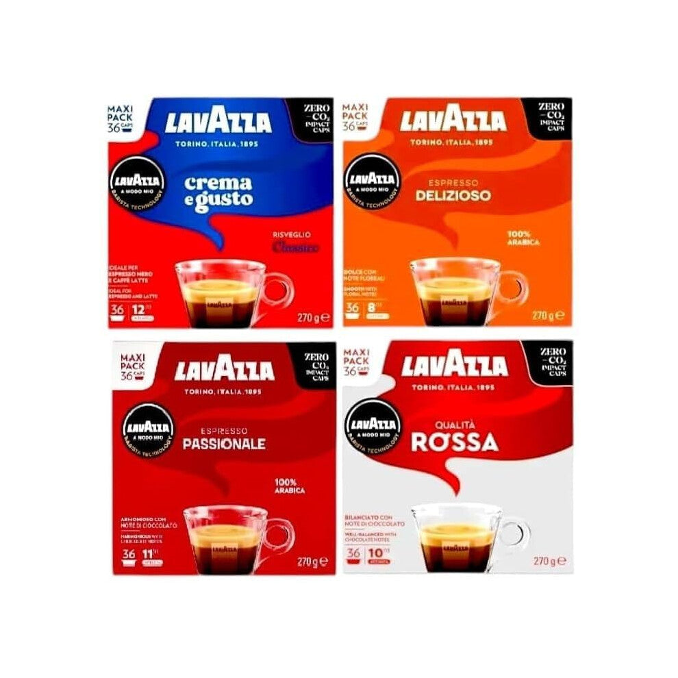 Lavazza A Modo Mio Coffee Pods Variety Pack x36 (Pack of 4) – Passionale, Delizioso, Qualità Rossa & Crema e Gusto Dolce