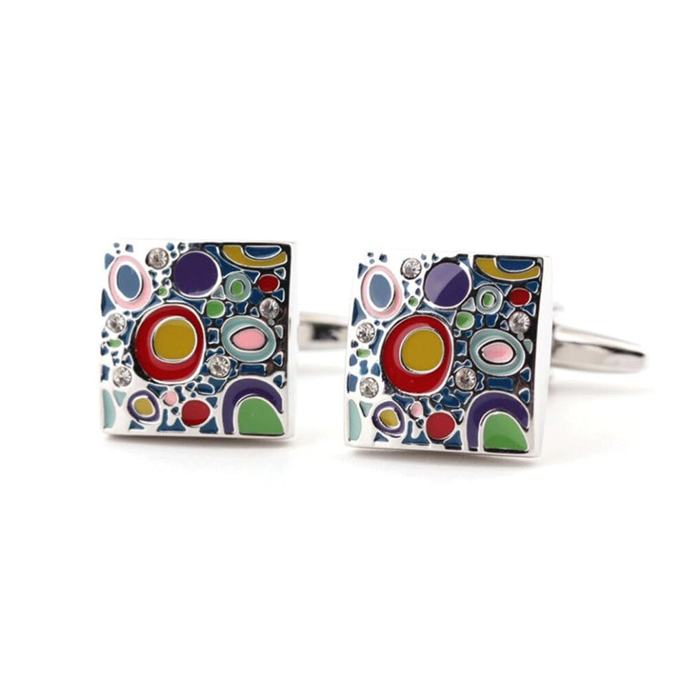Metal Cufflinks with Colorful Enamel Baked Diamonds for Men's Shirts, Multicolored 16x16mm, One Size Fits All