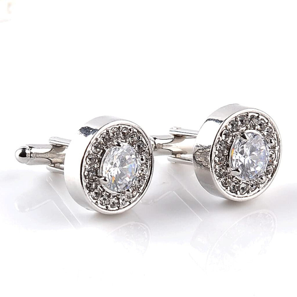 Mens Crystal Round Cufflinks and Wedding Shirt Tie Clip Set, Formal Dress Accessories in Silver and Clear