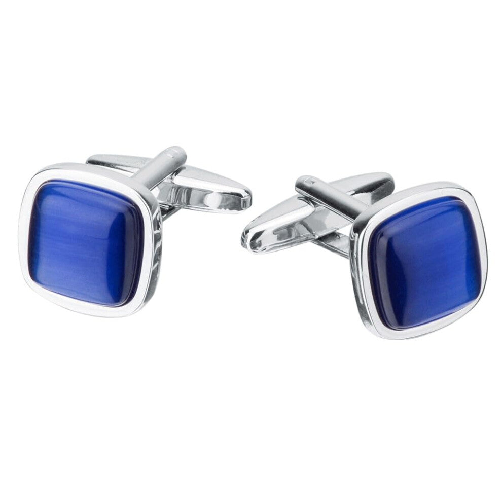 Dark Shiny Cat Eye Cufflinks Square Design for Men and Women Business Suit, One Size, Blue Color, Elegant Style