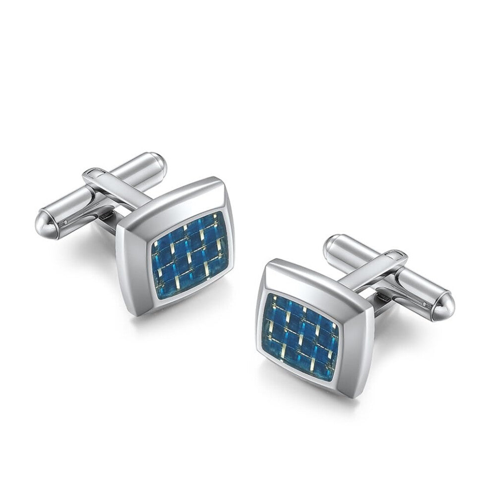 Stainless Steel Beveled Edge Rubber Carbon Fiber Shirt Cufflinks Blue One Size Dress Accessories for Men